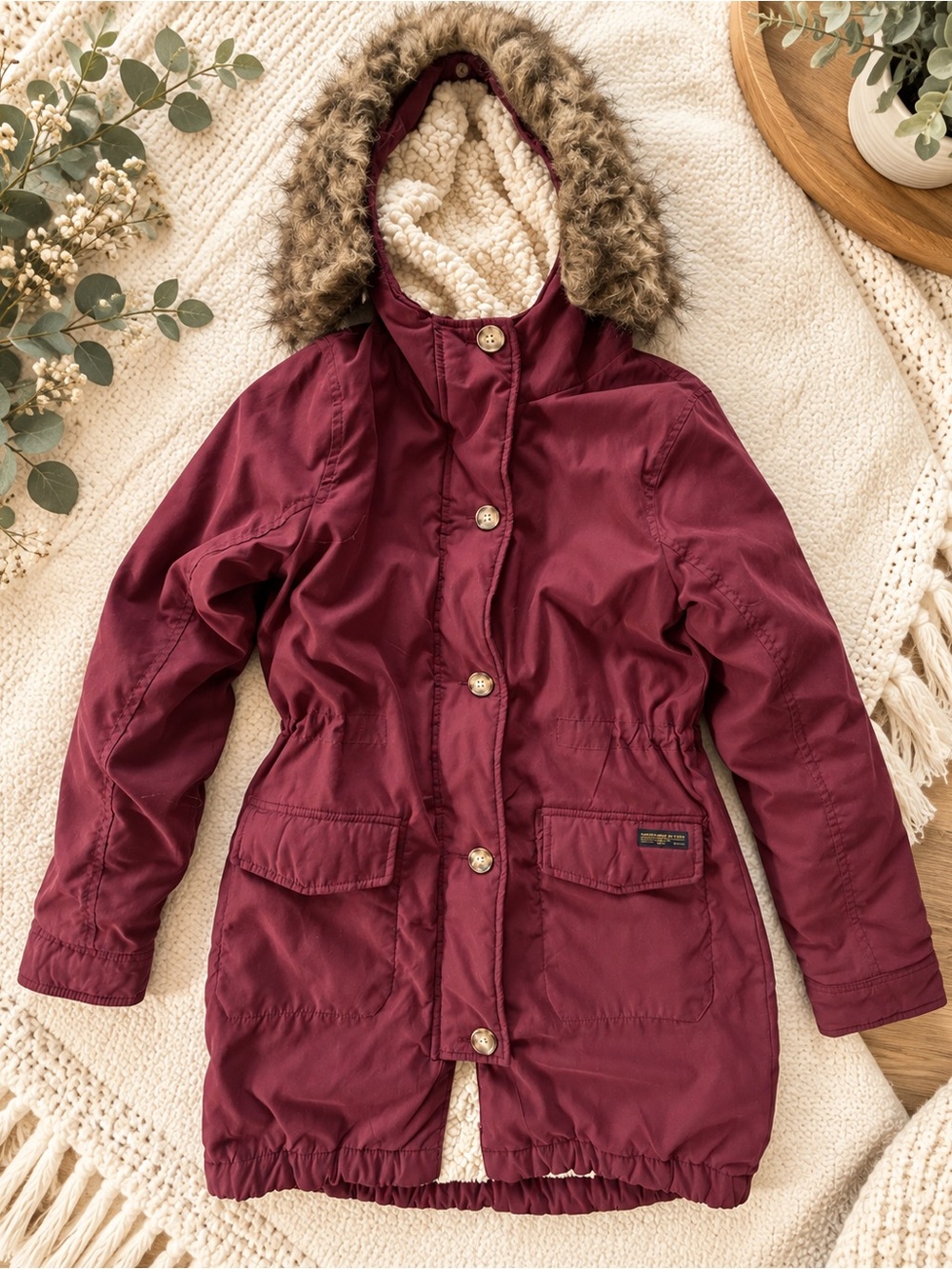 Abercrombie & Fitch Burgundy Sherpa Lined Parka Faux Fur Hood Size S